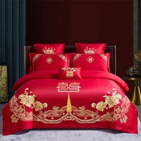 HKM-285651 Cotton Wedding Embroidery Bedding Set - Dragon and Phoenix Design, 4-Piece Collection for 1.5m, 1.8m, and 2.0m Beds