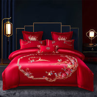 HKM-285651 Cotton Wedding Embroidery Bedding Set - Dragon and Phoenix Design, 4-Piece Collection for 1.5m, 1.8m, and 2.0m Beds