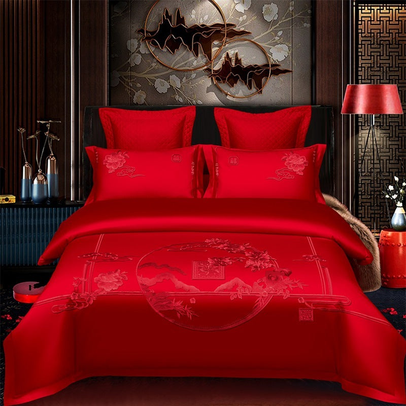 HKM-285651 Cotton Wedding Embroidery Bedding Set - Dragon and Phoenix Design, 4-Piece Collection for 1.5m, 1.8m, and 2.0m Beds