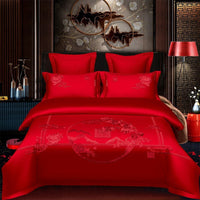 HKM-285651 Cotton Wedding Embroidery Bedding Set - Dragon and Phoenix Design, 4-Piece Collection for 1.5m, 1.8m, and 2.0m Beds