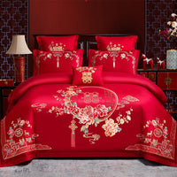 HKM-285651 Cotton Wedding Embroidery Bedding Set - Dragon and Phoenix Design, 4-Piece Collection for 1.5m, 1.8m, and 2.0m Beds