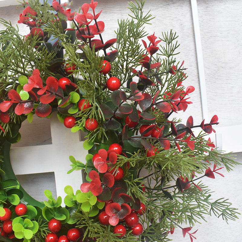 HKM-286099 Eucalyptus Leaf & Red Fruit Wreath for Festive Door Decorating, 35CM