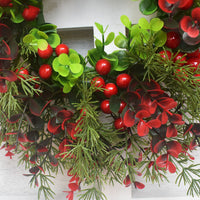 HKM-286099 Eucalyptus Leaf & Red Fruit Wreath for Festive Door Decorating, 35CM