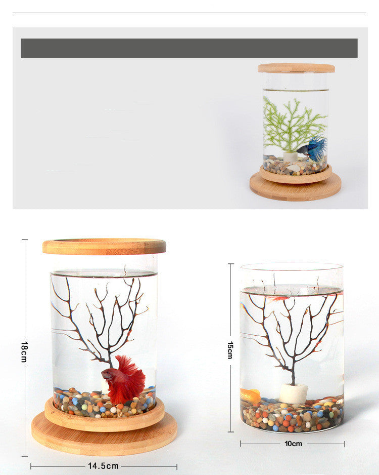HKM-286483 Mini Glass Aquarium with Bamboo Base for Small Office Décor