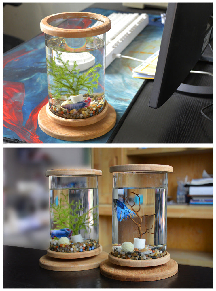 HKM-286483 Mini Glass Aquarium with Bamboo Base for Small Office Décor