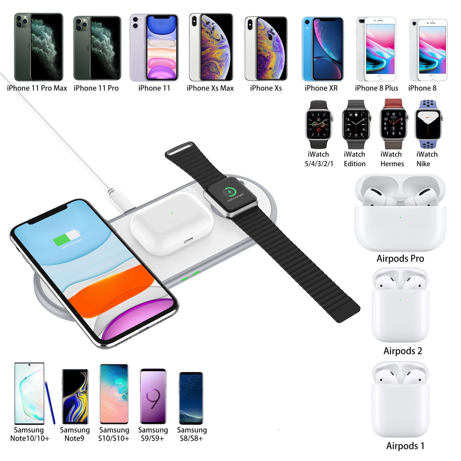 HKM-287187 Three-in-One 10W Wireless Fast Charging Mobile Phone Holder - White