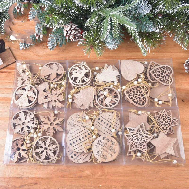 HKM-287571 Christmas Wood Carving Hollow Pendant Set – 12 Decorative Pieces for Holiday Ornaments