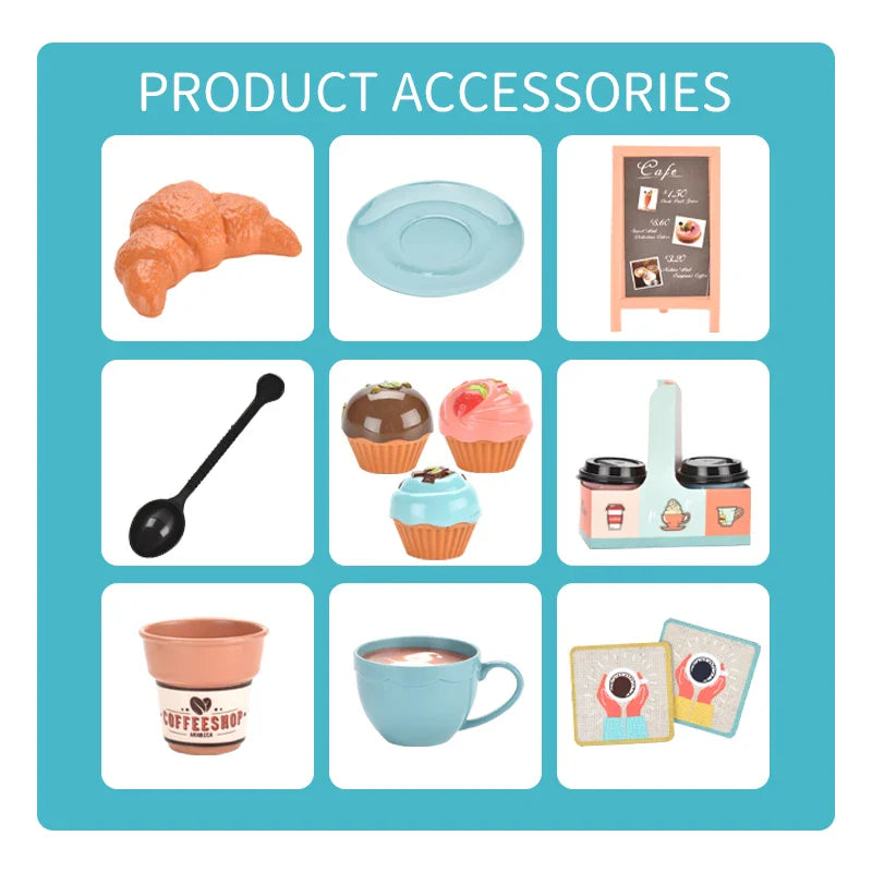 HKM-288211 Blue Coffee Maker Toy Set for Kids - Kitchen Pretend Play with Bread and Cake Accessories for Ages 3+