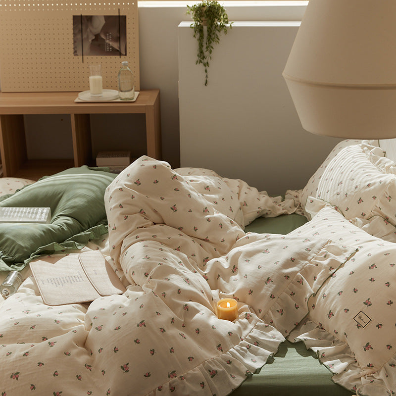 HKM-288275 Floral Double Gauze Bed Set - 4 Pieces, Pure Cotton, Available in Multiple Styles & Sizes