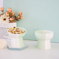 HKM-288467 Ceramic Pet Food Bowl Set with Slant Mouth Design in Color Blocked Style - Available in Pink, Blue, Dark Green, Grass Green