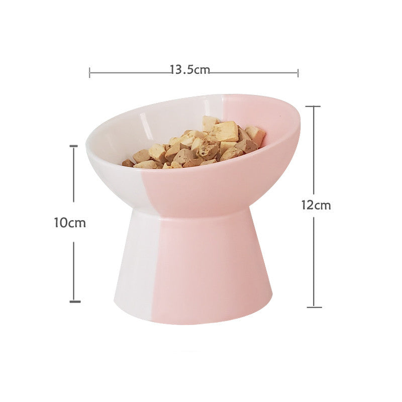 HKM-288467 Ceramic Pet Food Bowl Set with Slant Mouth Design in Color Blocked Style - Available in Pink, Blue, Dark Green, Grass Green