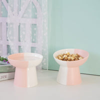 HKM-288467 Ceramic Pet Food Bowl Set with Slant Mouth Design in Color Blocked Style - Available in Pink, Blue, Dark Green, Grass Green