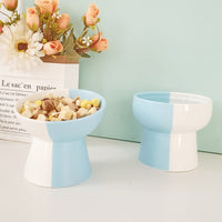 HKM-288467 Ceramic Pet Food Bowl Set with Slant Mouth Design in Color Blocked Style - Available in Pink, Blue, Dark Green, Grass Green