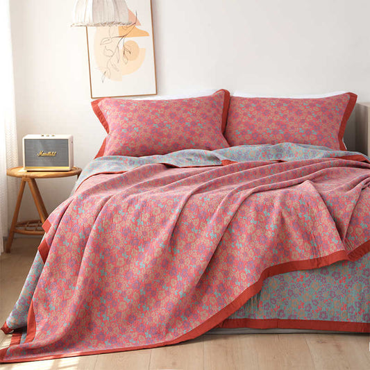 HKM-289107 Cotton Gauze Bed Blanket Set with Floral Print - Includes 1 Blanket and 2 Pillowcases in Various Sizes