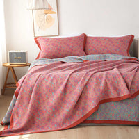 HKM-289107 Cotton Gauze Bed Blanket Set with Floral Print - Includes 1 Blanket and 2 Pillowcases in Various Sizes