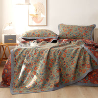 HKM-289107 Cotton Gauze Bed Blanket Set with Floral Print - Includes 1 Blanket and 2 Pillowcases in Various Sizes