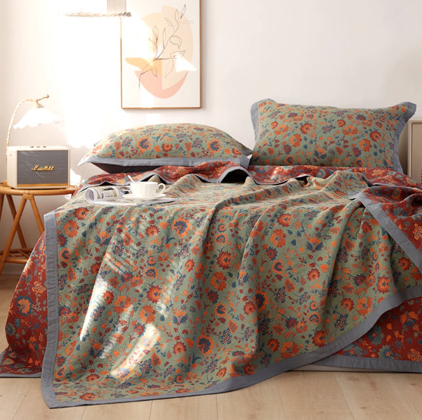 HKM-289107 Cotton Gauze Bed Blanket Set with Floral Print - Includes 1 Blanket and 2 Pillowcases in Various Sizes