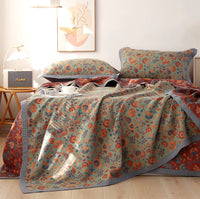 HKM-289107 Cotton Gauze Bed Blanket Set with Floral Print - Includes 1 Blanket and 2 Pillowcases in Various Sizes