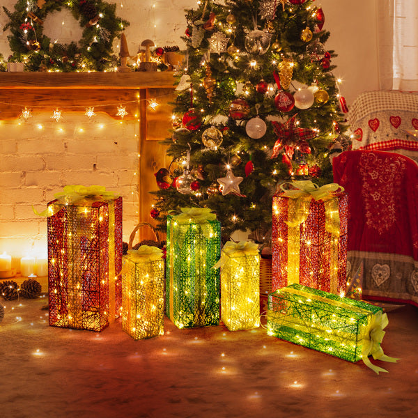 HKM-289235 Illuminated Green Gold Christmas Gift Box Set - 3 Sizes (18in, 15in, 11in) for Indoor & Outdoor Decor