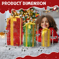 HKM-289235 Illuminated Green Gold Christmas Gift Box Set - 3 Sizes (18in, 15in, 11in) for Indoor & Outdoor Decor