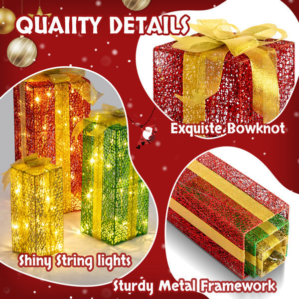 HKM-289235 Illuminated Green Gold Christmas Gift Box Set - 3 Sizes (18in, 15in, 11in) for Indoor & Outdoor Decor