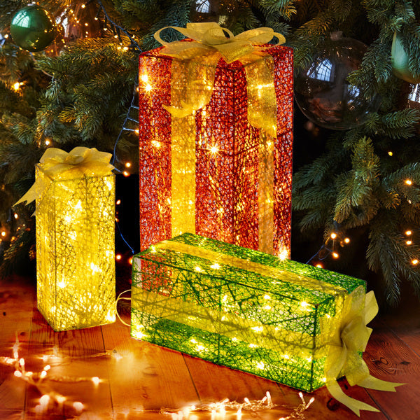 HKM-289235 Illuminated Green Gold Christmas Gift Box Set - 3 Sizes (18in, 15in, 11in) for Indoor & Outdoor Decor