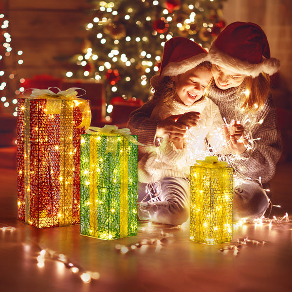 HKM-289235 Illuminated Green Gold Christmas Gift Box Set - 3 Sizes (18in, 15in, 11in) for Indoor & Outdoor Decor