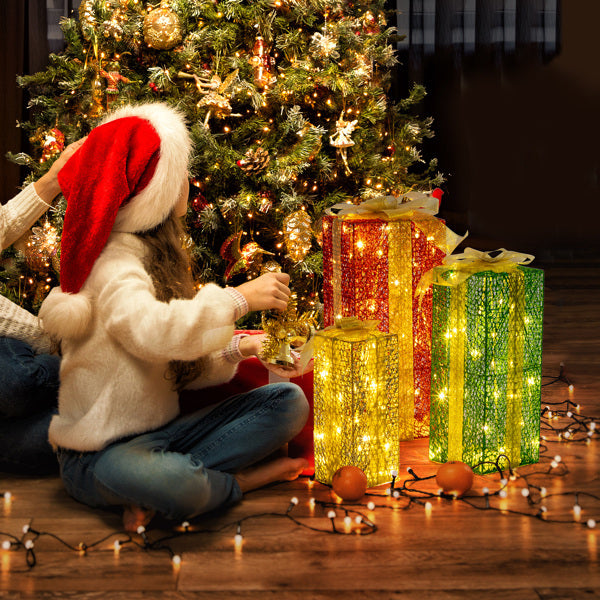 HKM-289235 Illuminated Green Gold Christmas Gift Box Set - 3 Sizes (18in, 15in, 11in) for Indoor & Outdoor Decor