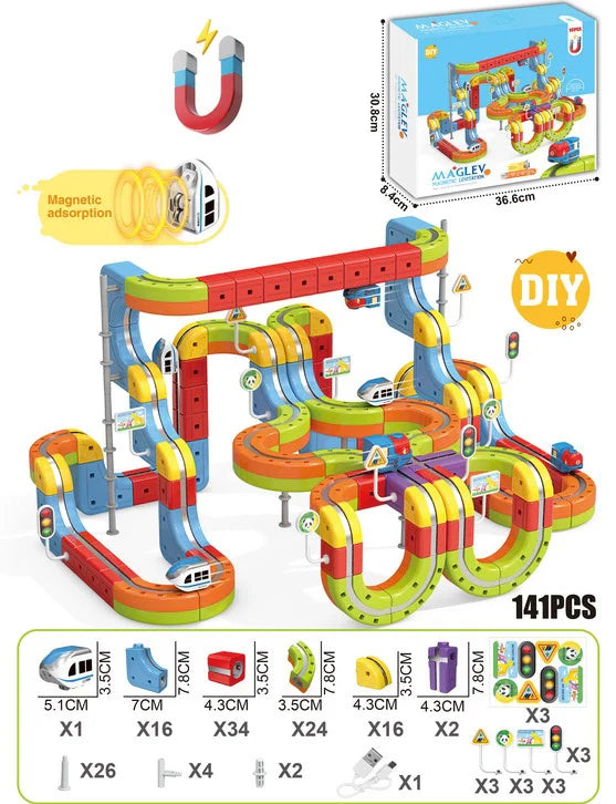 HKM-289747 Maglev Train Block Set - Flexible DIY Race Car Track Kit for Kids Ages 2 and Up
