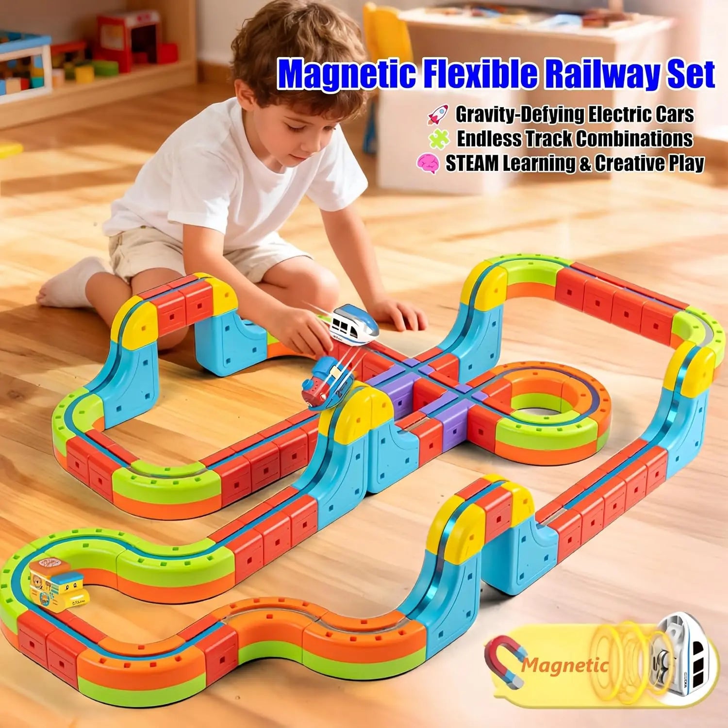 HKM-289747 Maglev Train Block Set - Flexible DIY Race Car Track Kit for Kids Ages 2 and Up