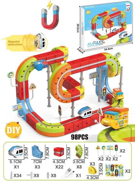 HKM-289747 Maglev Train Block Set - Flexible DIY Race Car Track Kit for Kids Ages 2 and Up