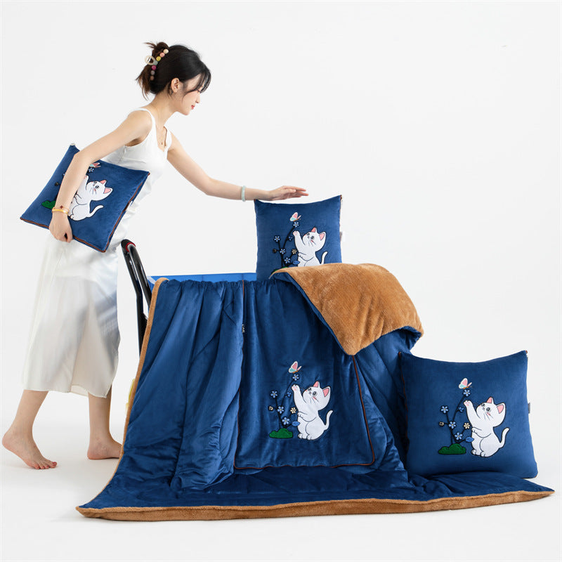 HKM-290259 Cartoon Pillow and Quilt Set with Dual-Purpose Fleece Lining in Multiple Colors