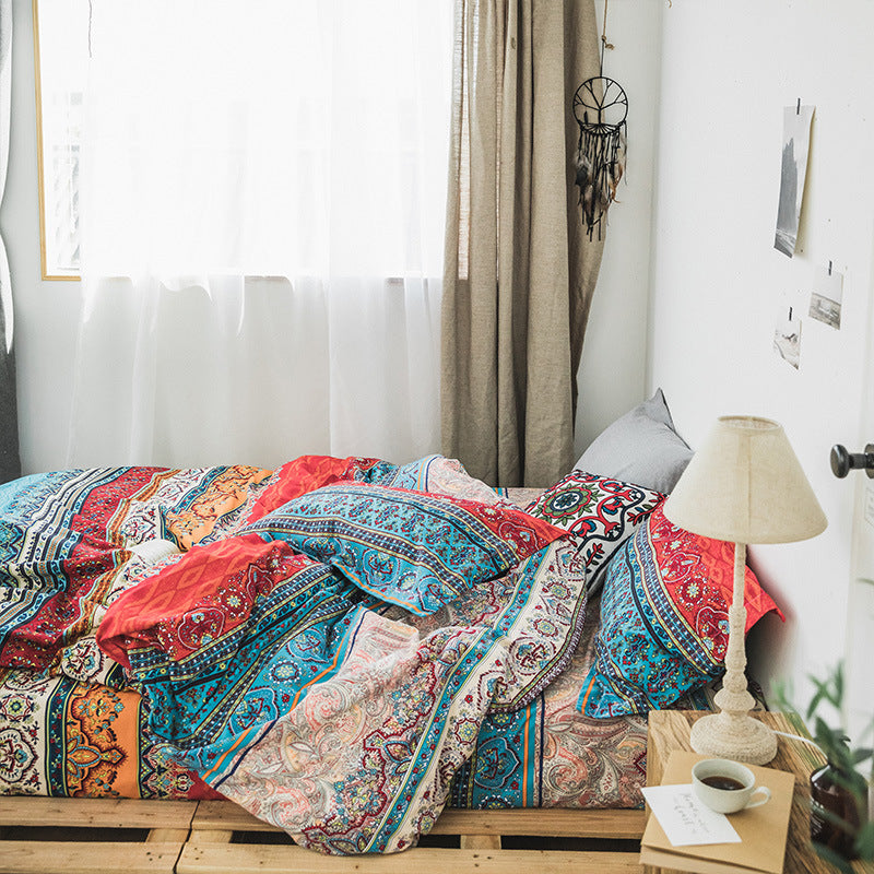 HKM-290259 Four-Piece Cotton Brushed Ethnic Style Bedding Set in Flower Design