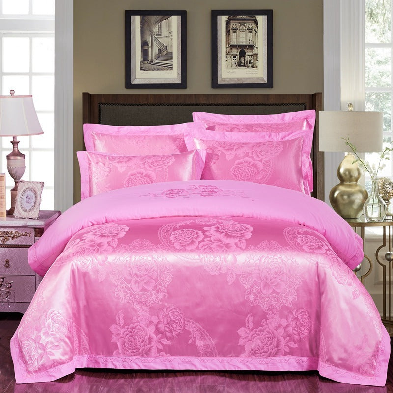 HKM-290579 Cotton Jacquard Bedding Set with Artistic Floral Patterns - 4 Pieces for 1.8m Beds