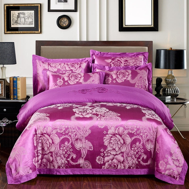 HKM-290579 Cotton Jacquard Bedding Set with Artistic Floral Patterns - 4 Pieces for 1.8m Beds