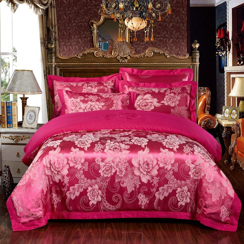 HKM-290579 Cotton Jacquard Bedding Set with Artistic Floral Patterns - 4 Pieces for 1.8m Beds