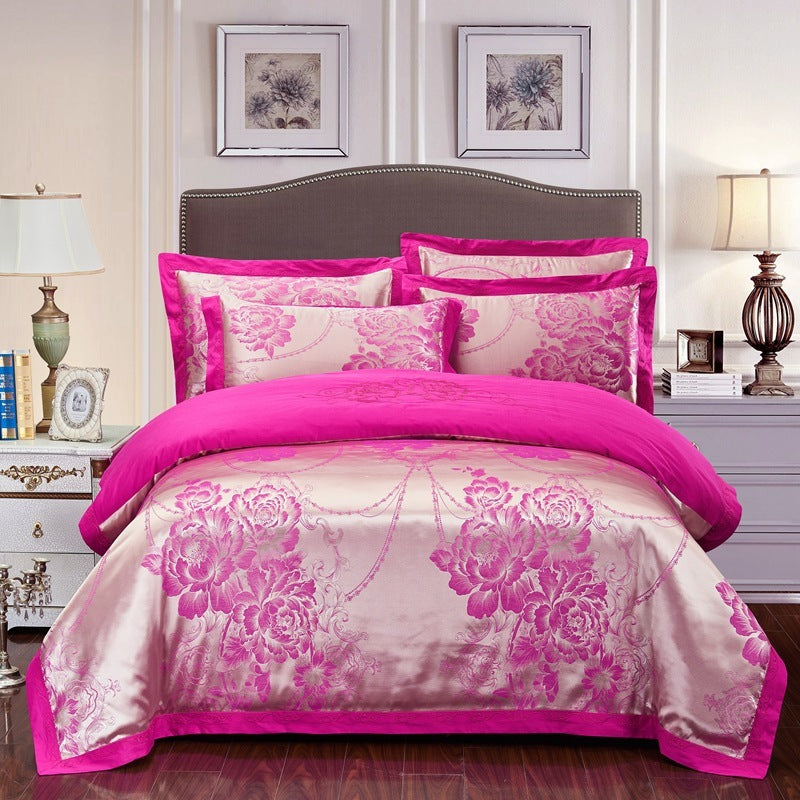HKM-290579 Cotton Jacquard Bedding Set with Artistic Floral Patterns - 4 Pieces for 1.8m Beds