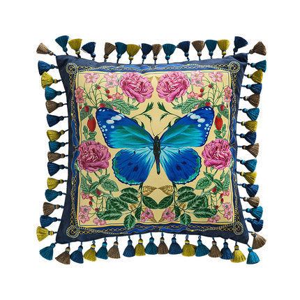 HKM-290643 Forest-Themed Short Plush Cushion Cover with Solid Reverse and Tassel Detail