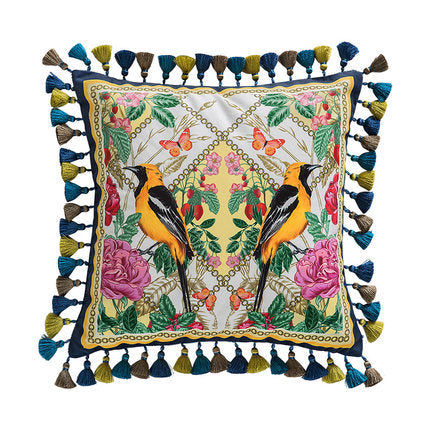 HKM-290643 Forest-Themed Short Plush Cushion Cover with Solid Reverse and Tassel Detail