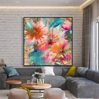 HKM-291347 Handmade Oil Painting of Modern Peony Flower for Home Decor, Square Canvas Art for Living Room, Bedroom, or Dining Room