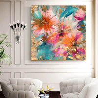 HKM-291347 Handmade Oil Painting of Modern Peony Flower for Home Decor, Square Canvas Art for Living Room, Bedroom, or Dining Room
