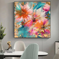 HKM-291347 Handmade Oil Painting of Modern Peony Flower for Home Decor, Square Canvas Art for Living Room, Bedroom, or Dining Room