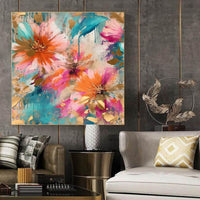HKM-291347 Handmade Oil Painting of Modern Peony Flower for Home Decor, Square Canvas Art for Living Room, Bedroom, or Dining Room