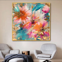 HKM-291347 Handmade Oil Painting of Modern Peony Flower for Home Decor, Square Canvas Art for Living Room, Bedroom, or Dining Room