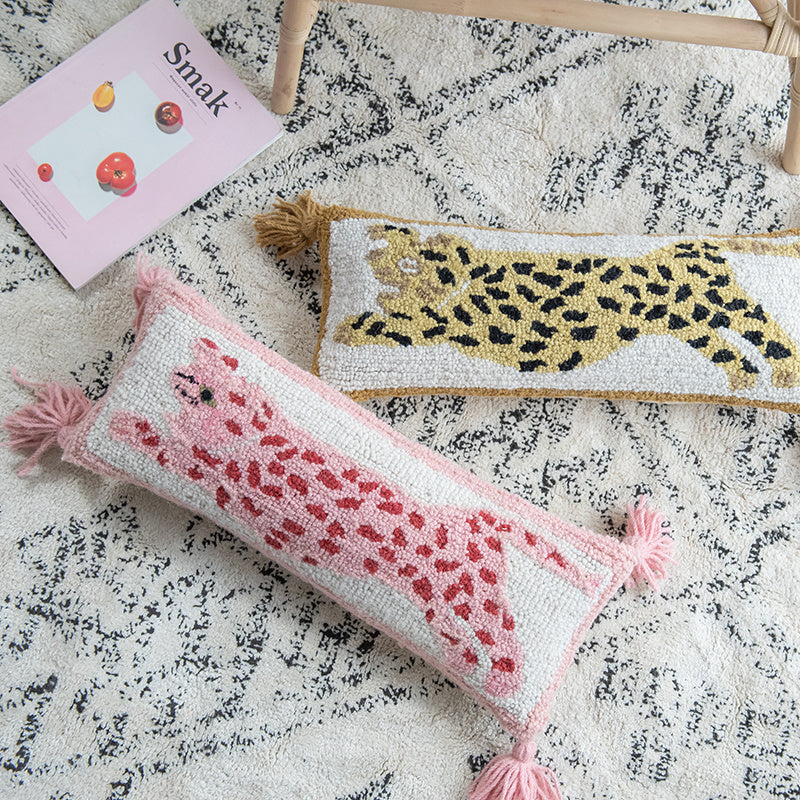 HKM-291411 Spotted Leopard Fringed Long Cushion Pillow for Living Room, Cotton Fill, 54x20cm