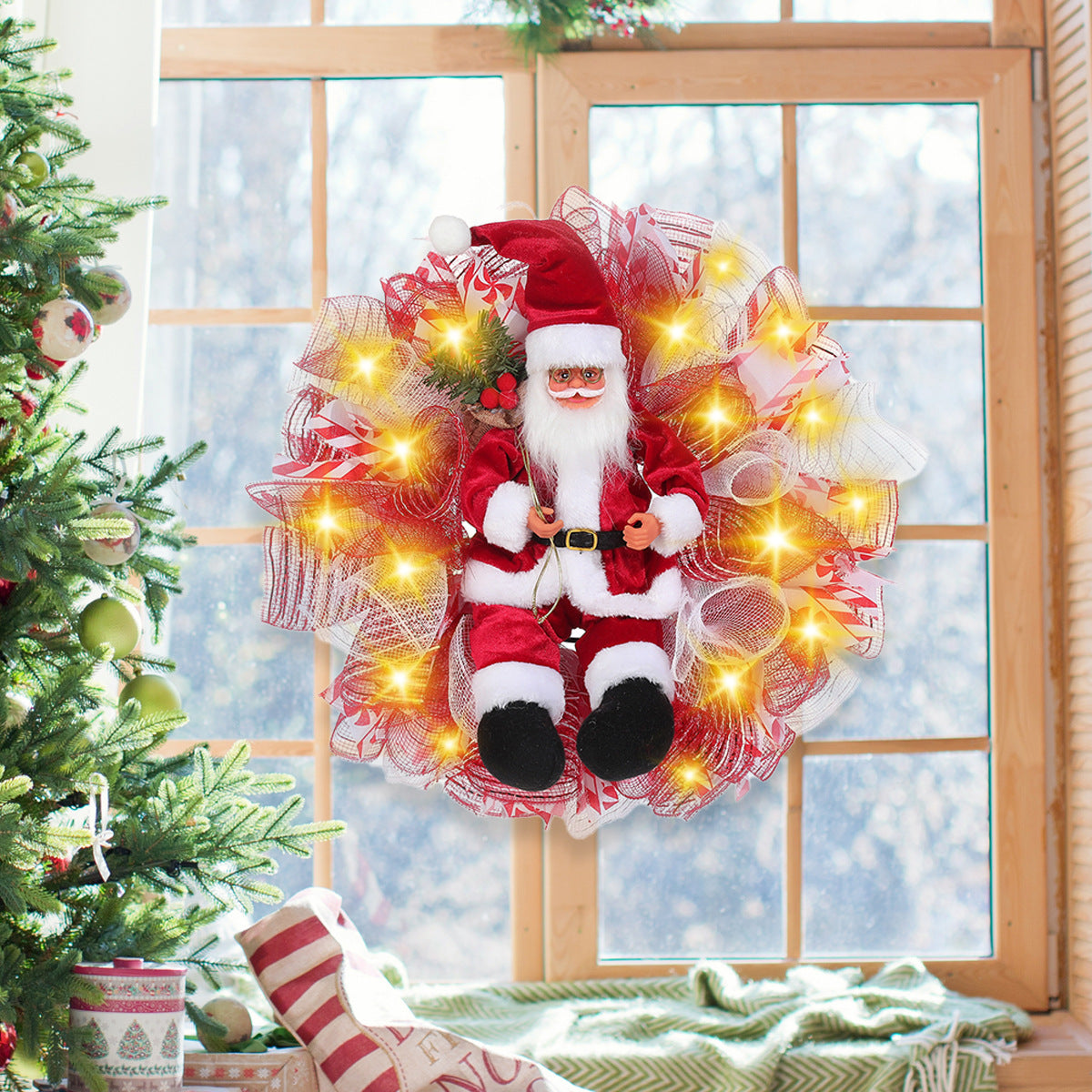 HKM-291539 Red Christmas Garland with Golden Tape Light for Holiday Door Decoration