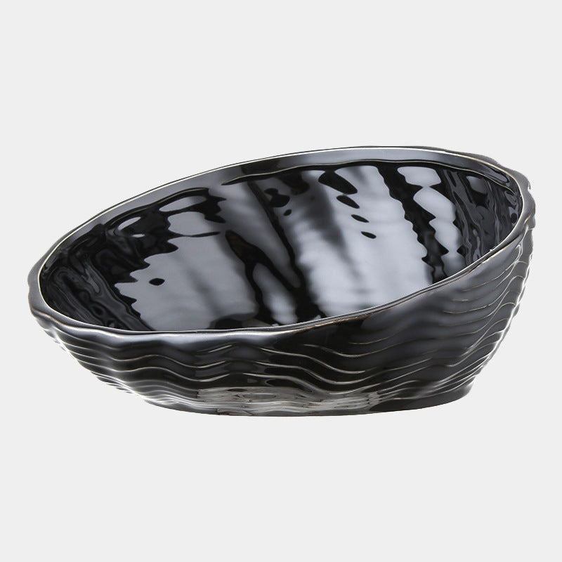 HKM-292435 Ceramic Cat Bowl with Oblique Mouth and Bamboo Frame, Available in Small and Large Sizes