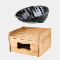 HKM-292435 Ceramic Cat Bowl with Oblique Mouth and Bamboo Frame, Available in Small and Large Sizes