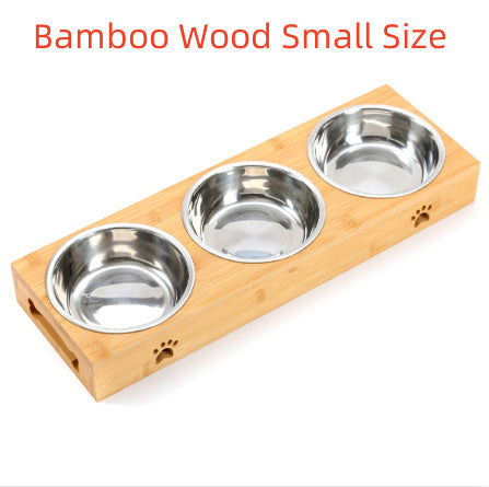 HKM-293587 Solid Wood Pet Dining Table with Stainless Steel Bowls for Cats and Dogs