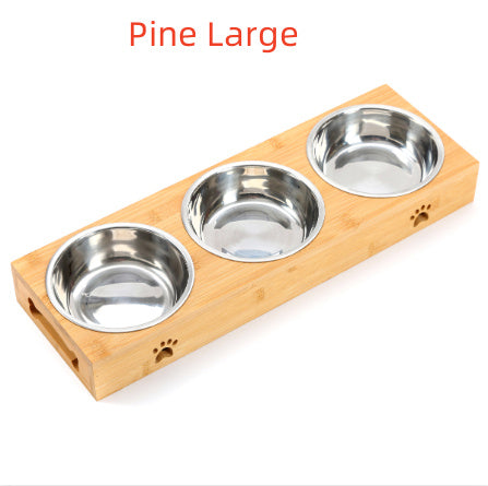 HKM-293587 Solid Wood Pet Dining Table with Stainless Steel Bowls for Cats and Dogs